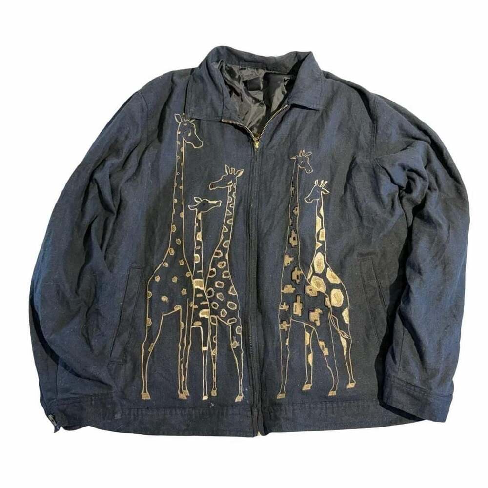 Vintage Giraffe Embroidered Black Zip Jacket